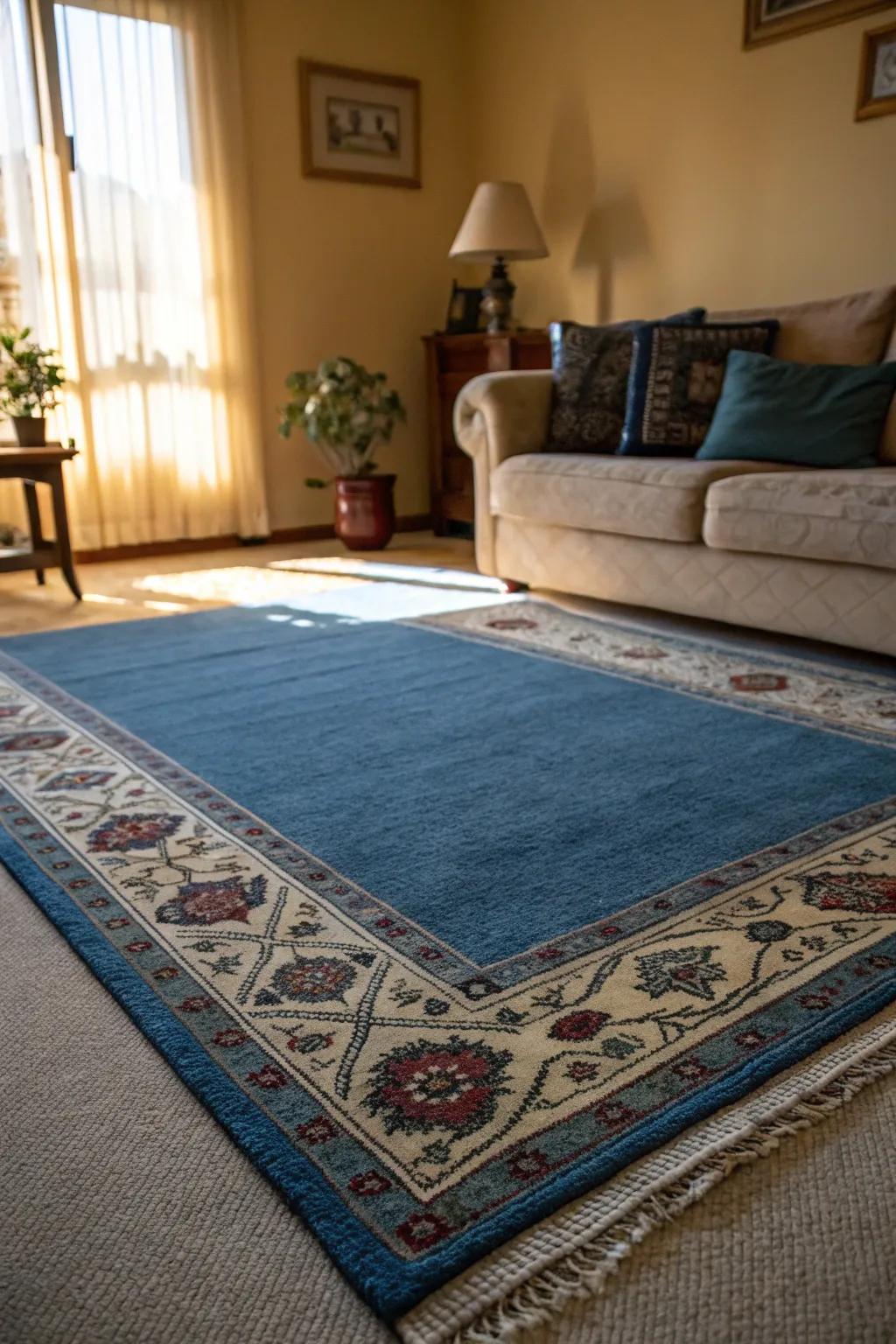 Layering floor coverings imparts depth and style to a lounge with a cerulean carpet.