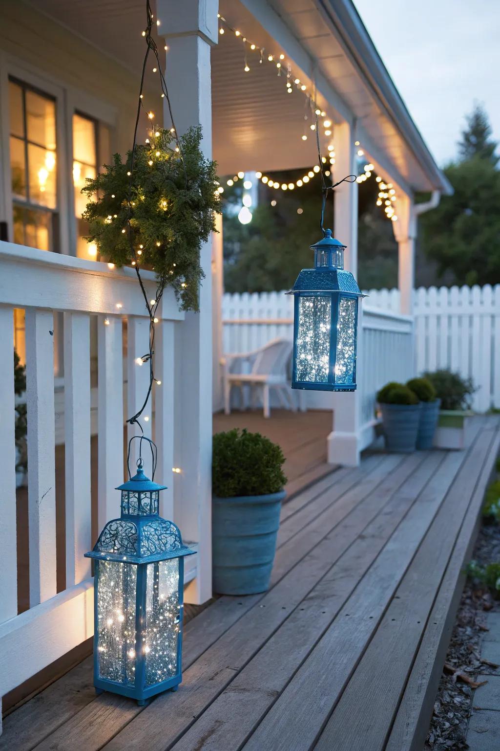 Azure lanterns fashion an enchanting salutation at your front threshold.