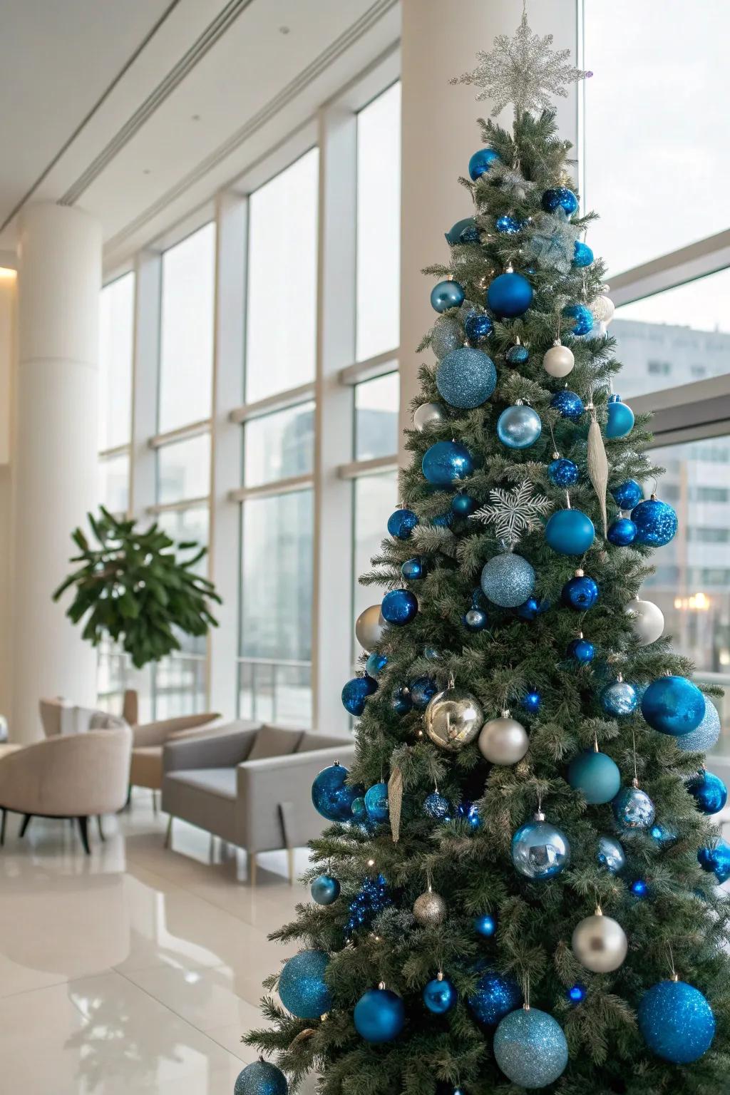 A sleek and modern azure and metallic Christmas tree.
