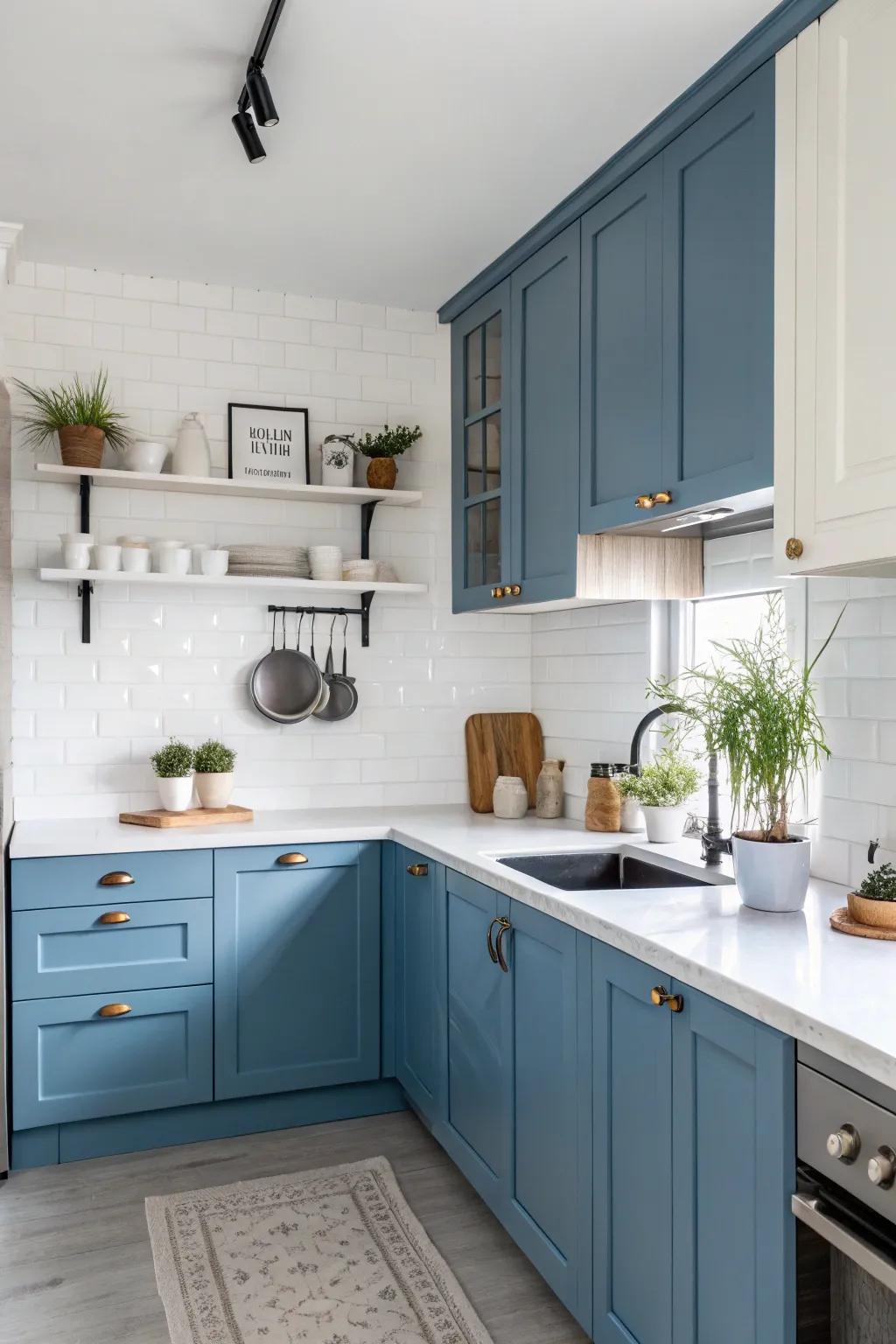 Contrasting countertops make blue cabinets stand out and add visual appeal.