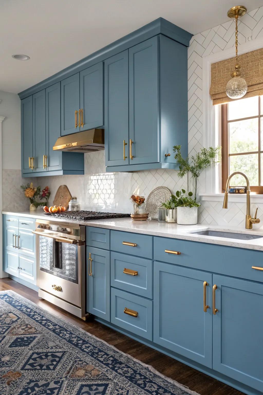 A luxurious sensation with azure cabinetry and gilded embellishments.