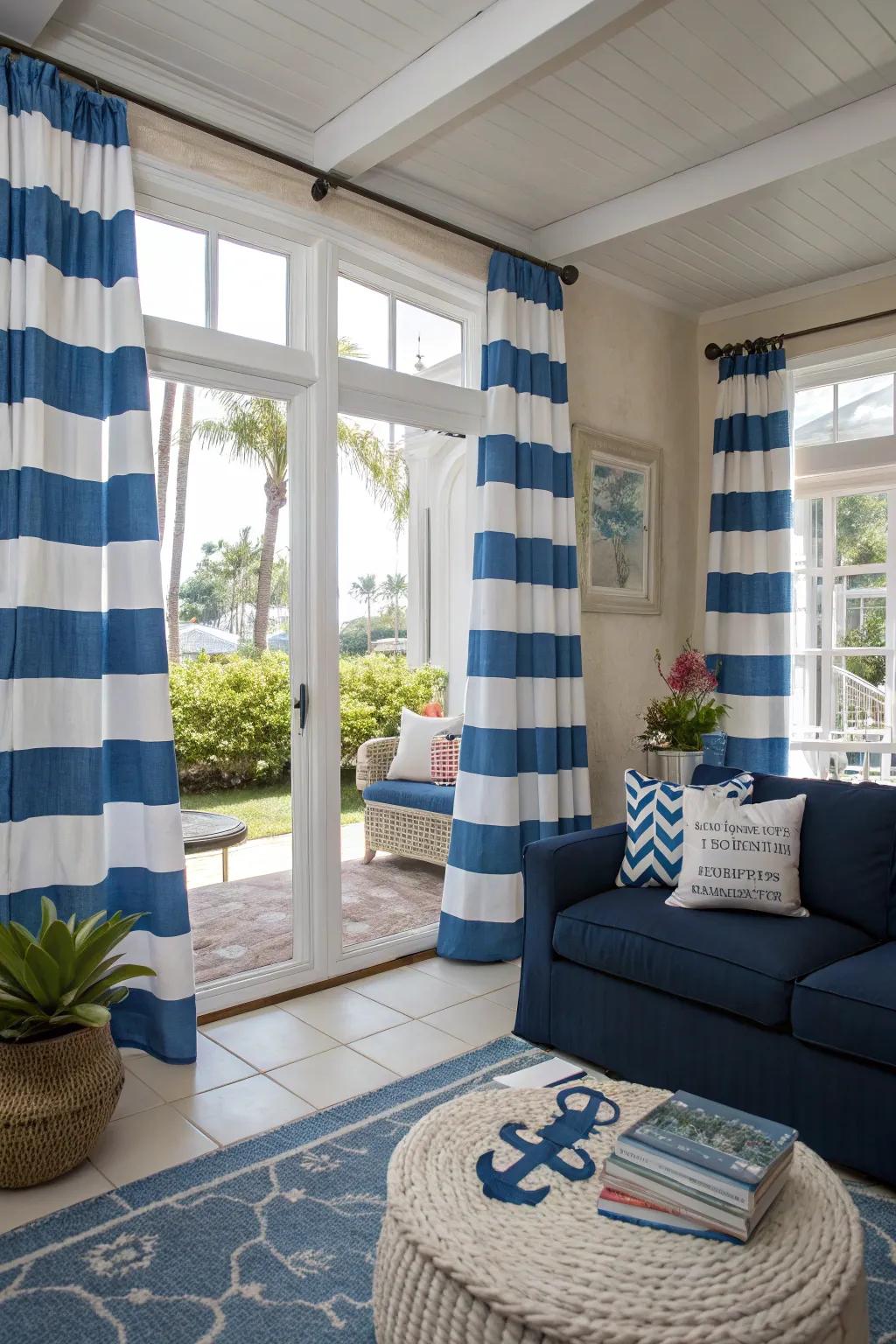 Blue lines bring a sea-going charm to this bright and airy living room.