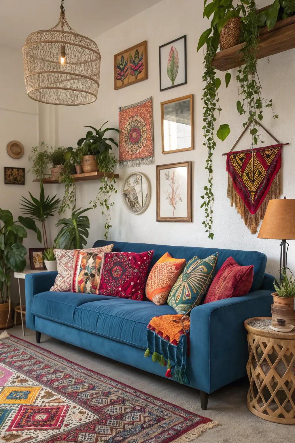 Free-spirited elements create a relaxed vibe around a cerulean couch.
