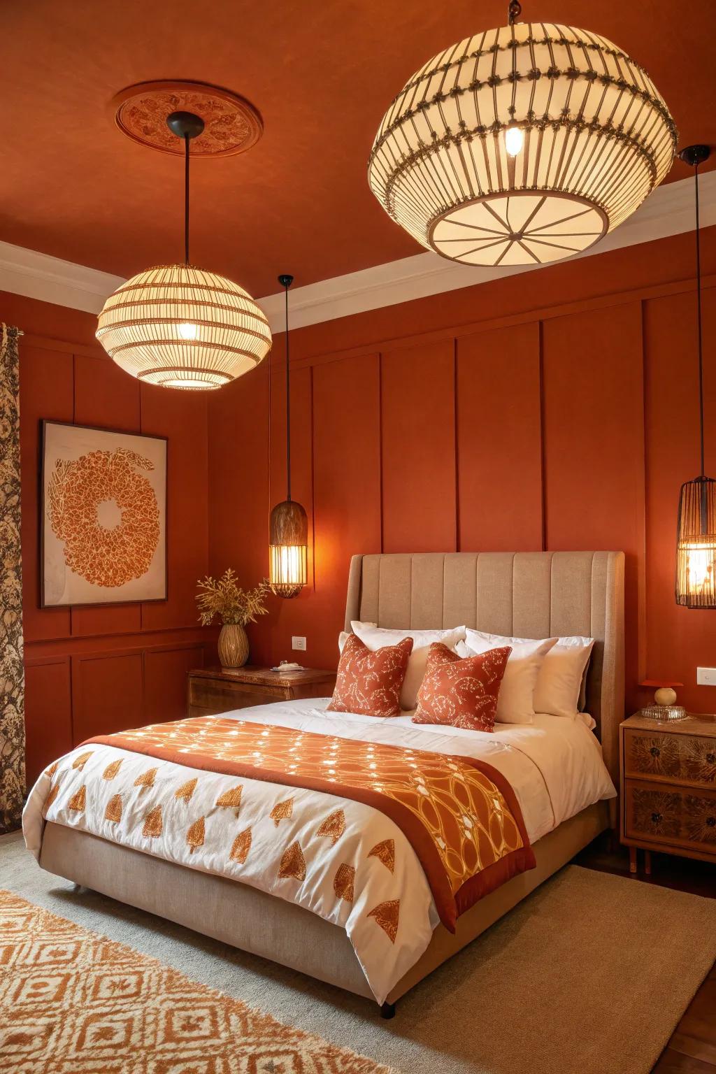 Artistic lighting enhancing the room's charm.