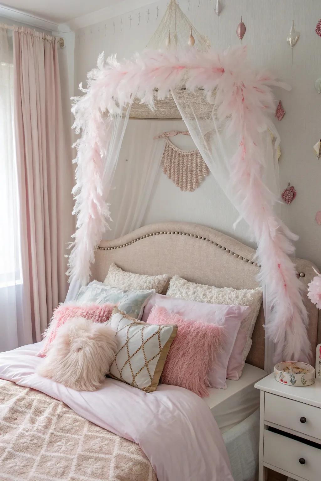 Feathers, delicately placed, add an ethereal, dreamy touch to this headboard.