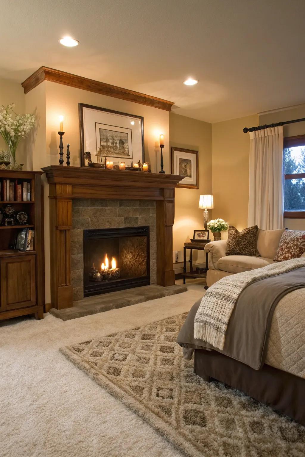 A fireplace adds warmth and serves as a cozy focal point.