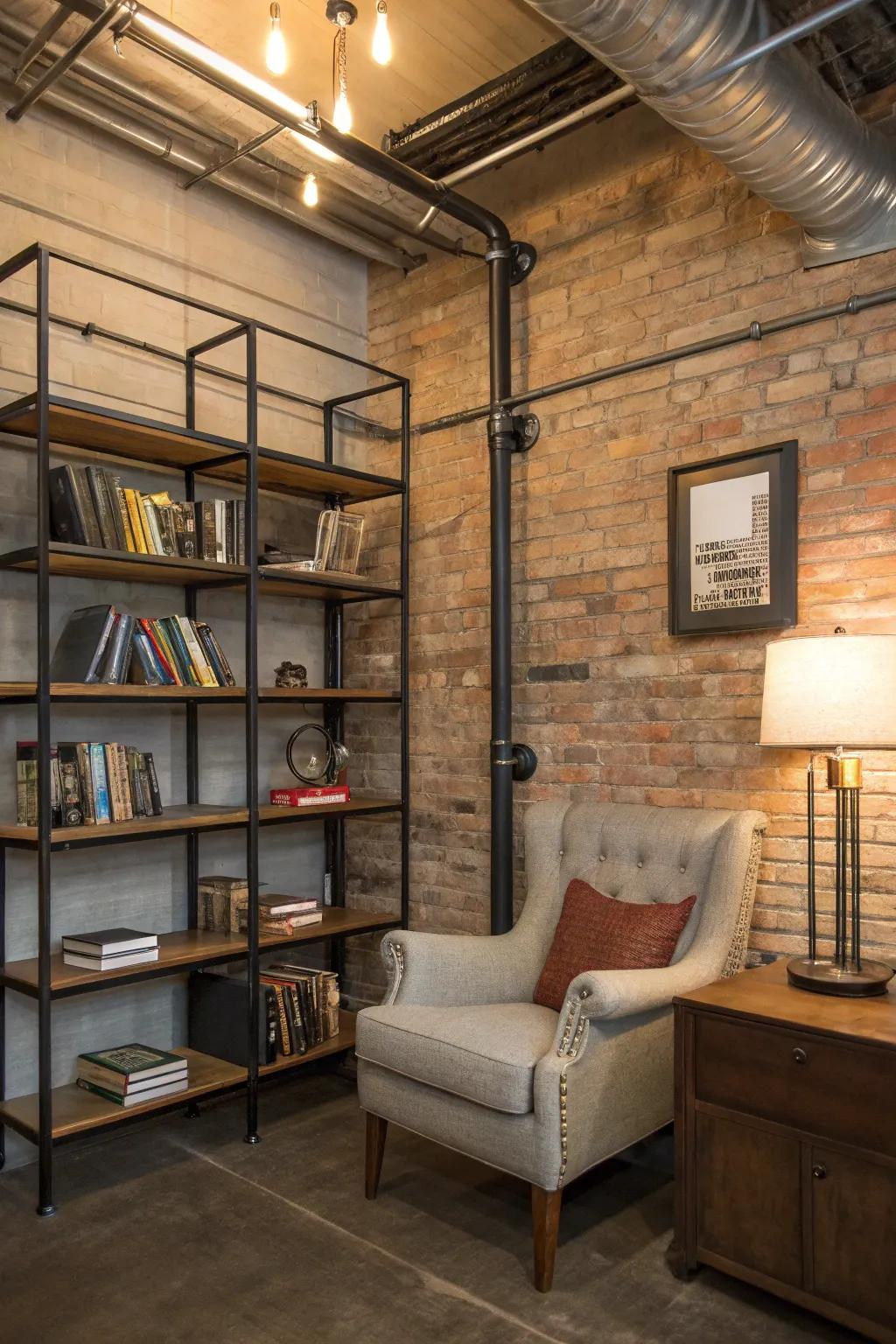 An industrial nook presenting a bold and modern reading setting.