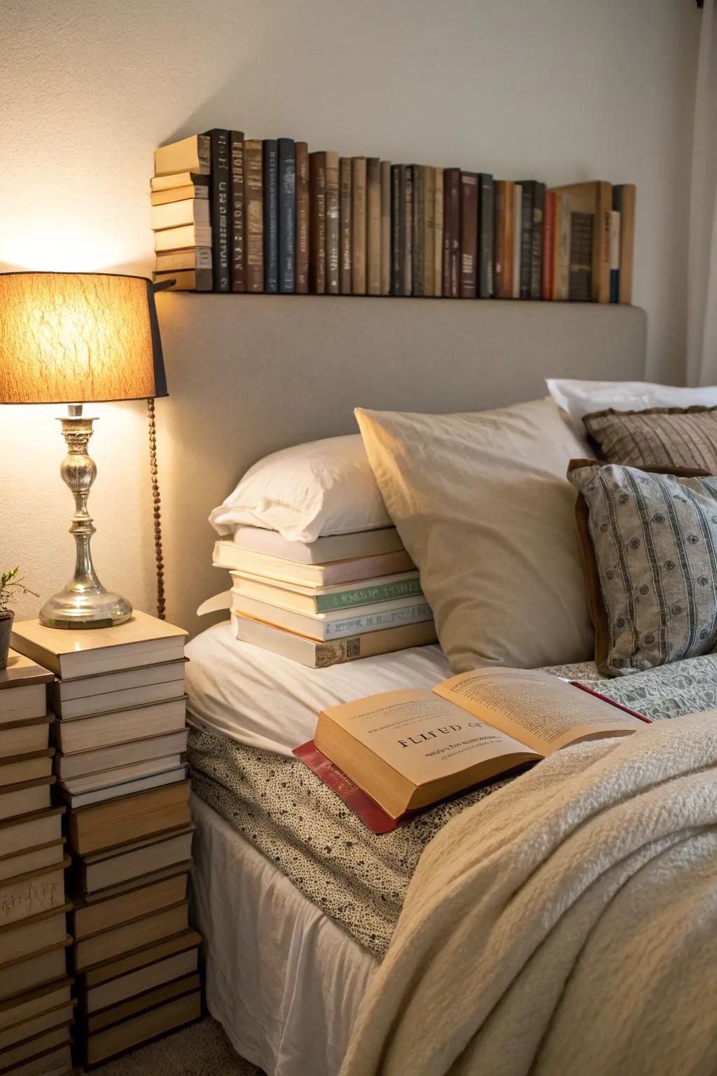 Books function as a cozy headboard.
