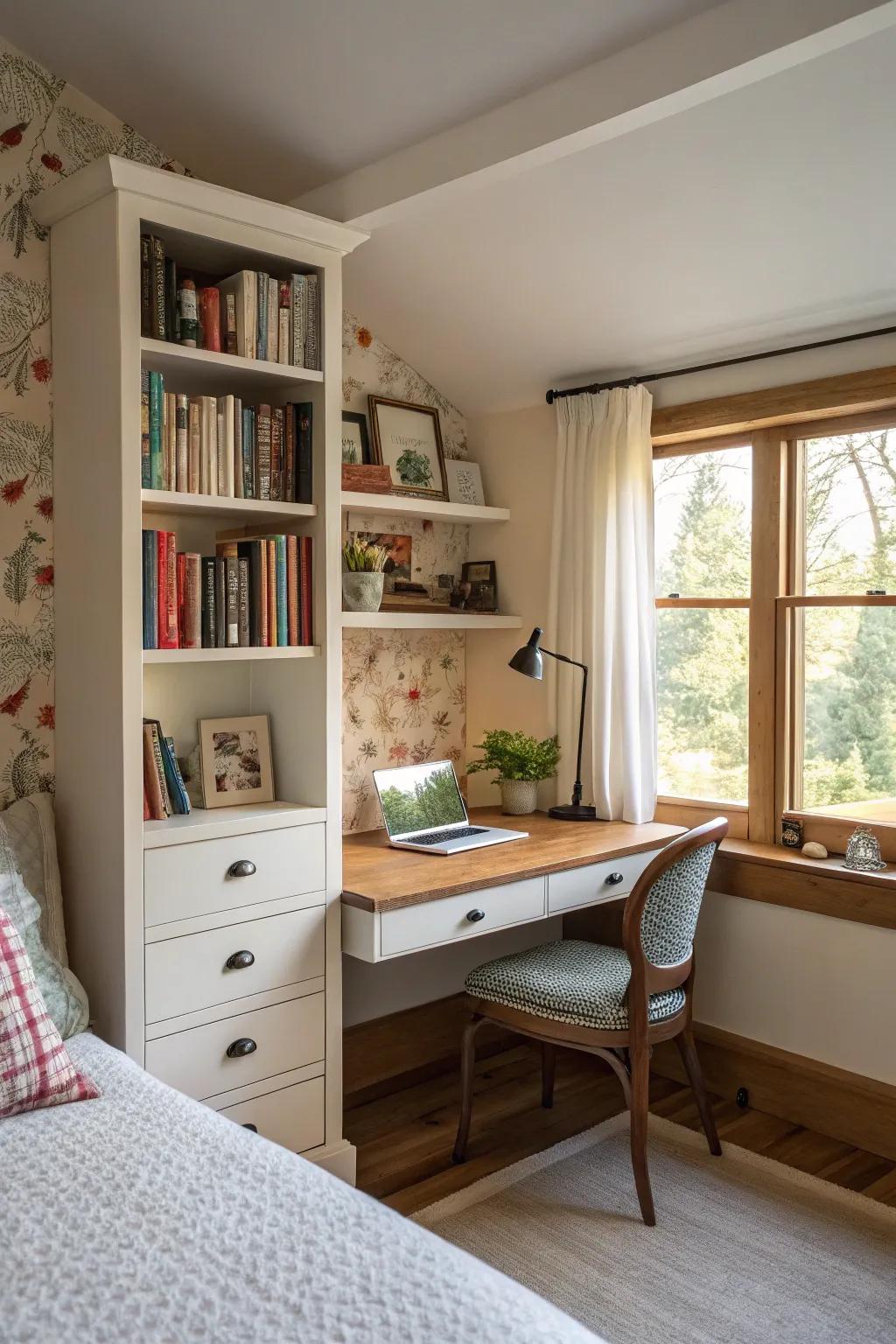 A compact solution with an integrated desk and bookcase combo.