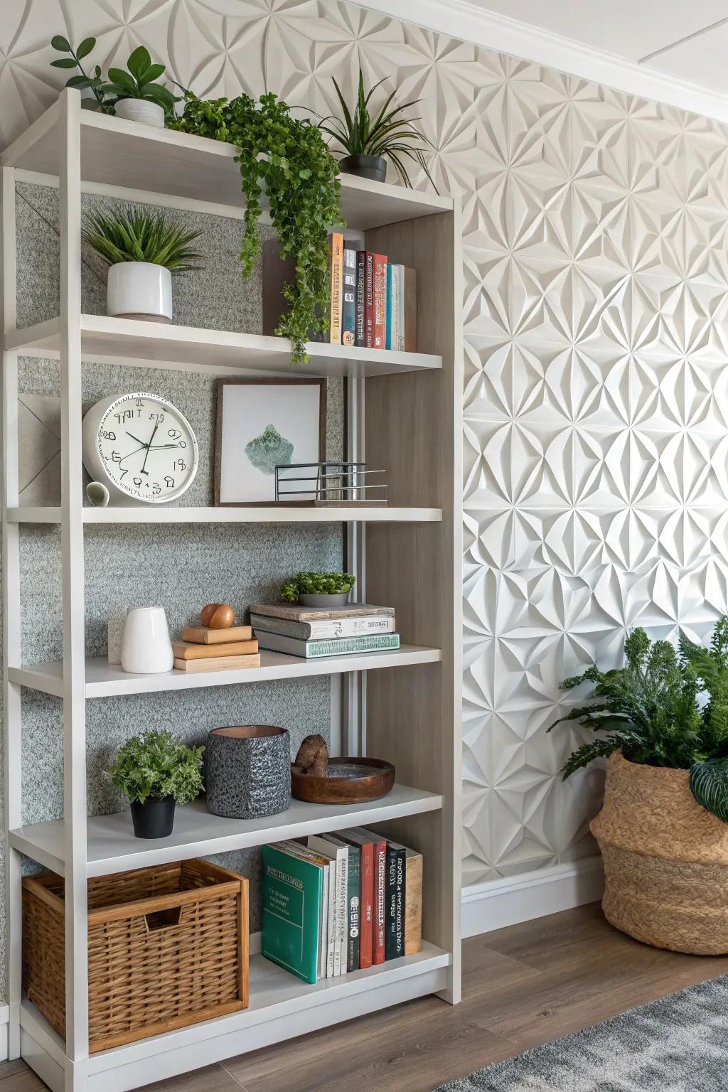 Bookshelf with 3D textured wallpaper for added depth and intrigue.