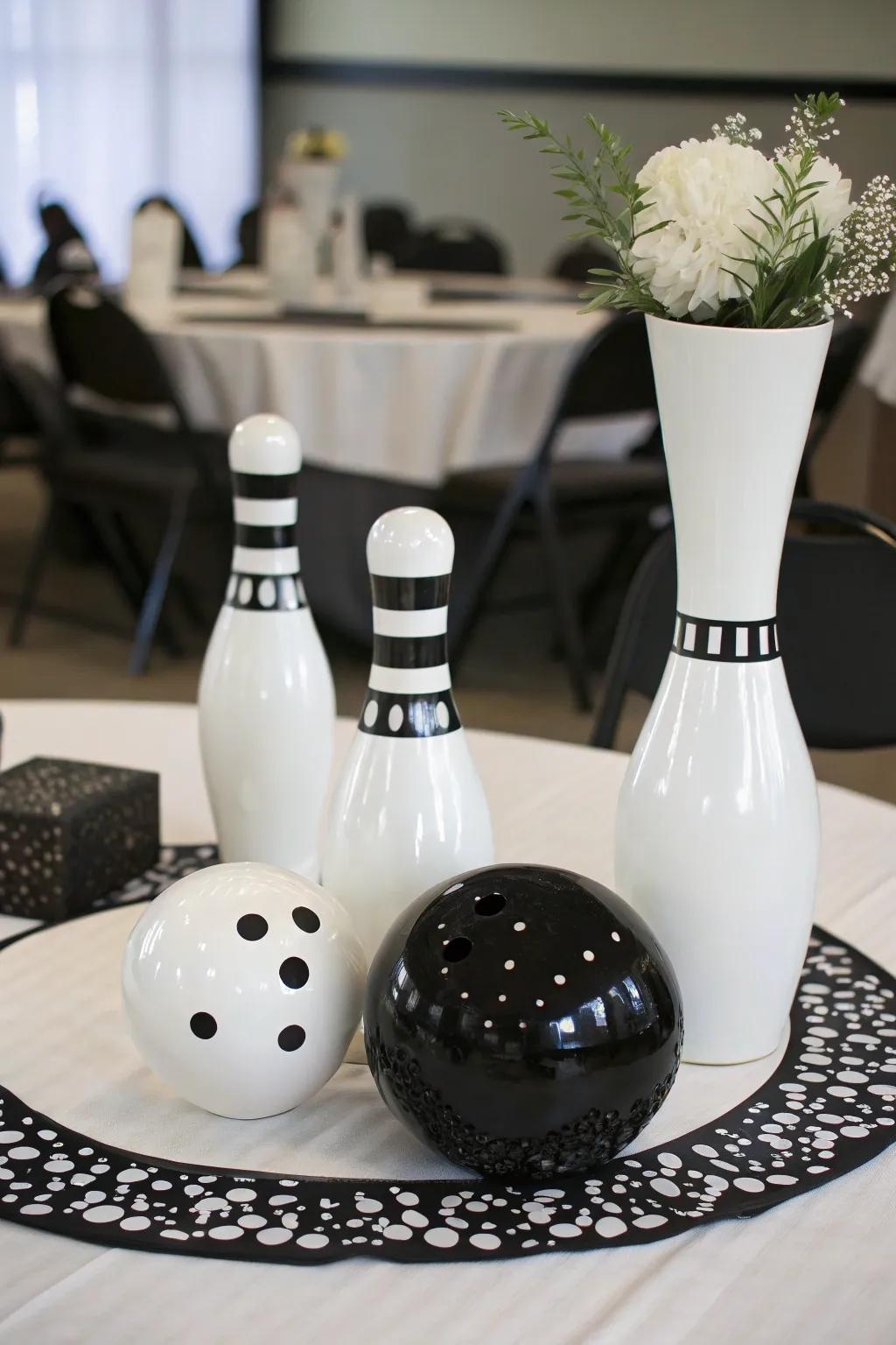 A refined monochrome bowling centerpiece conveying elegance.