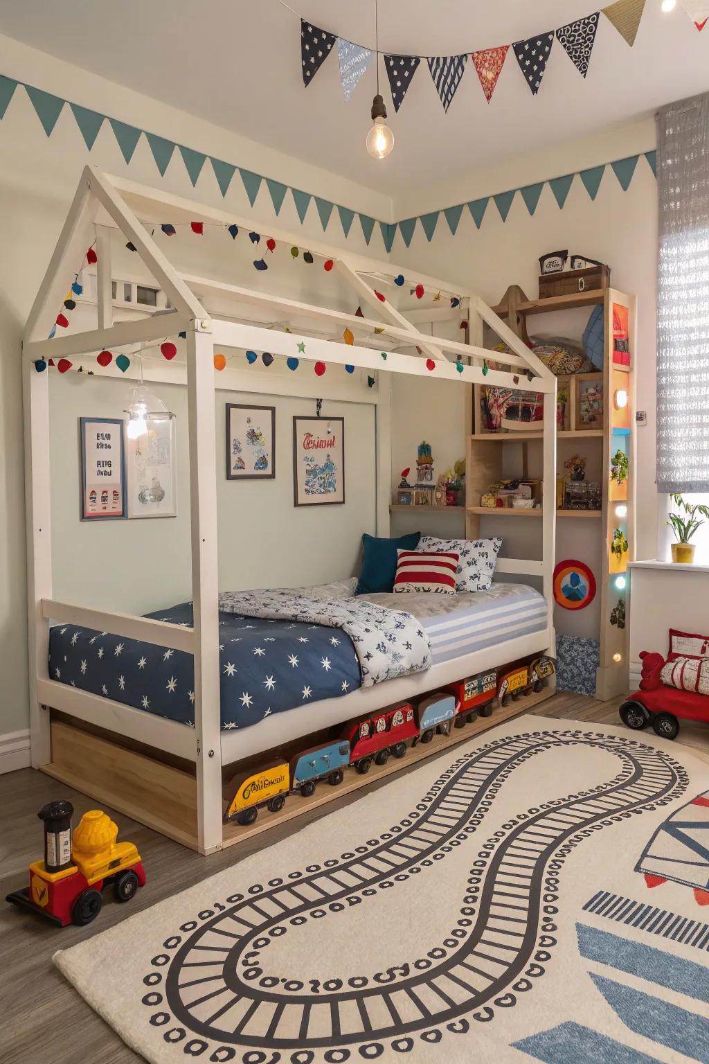 All aboard for dreams with this railroad-themed canopy bed.
