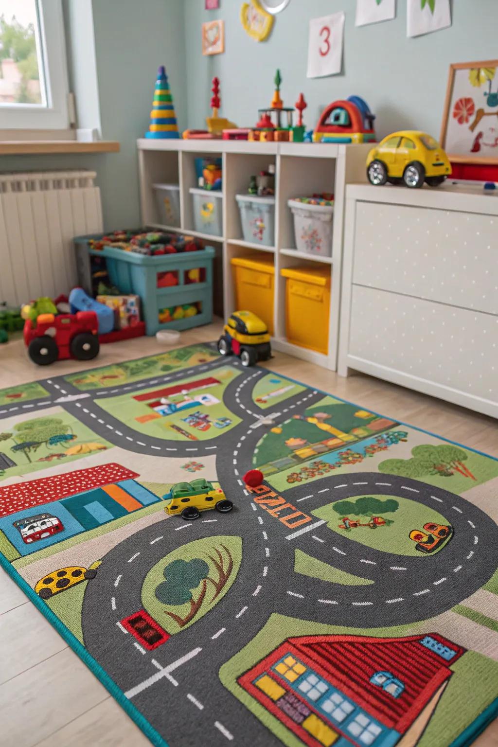 An activity carpet motivating locomotion and imaginative amusement.