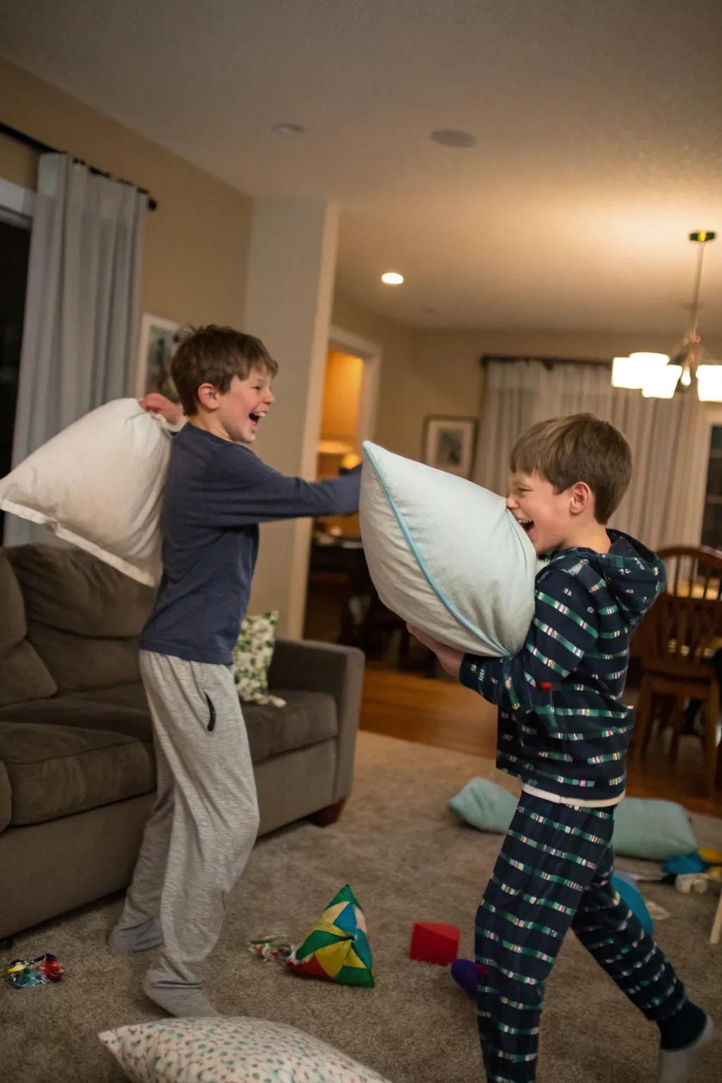 A pillow fight championship creates excitement and laughter.