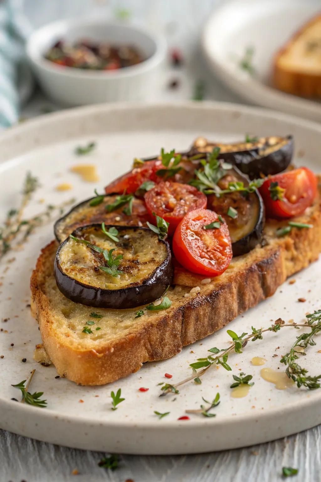 Mediterranean-inspired toast with eggplant and tomato.