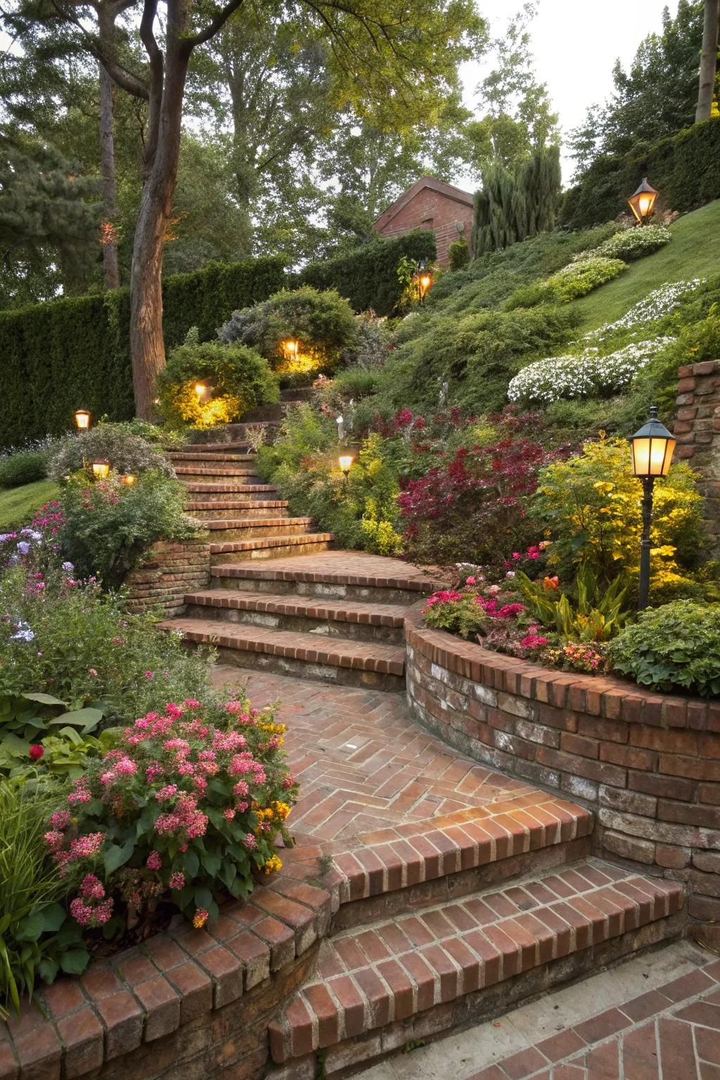 Stone block steps deliver elegant transitions between different garden levels.
