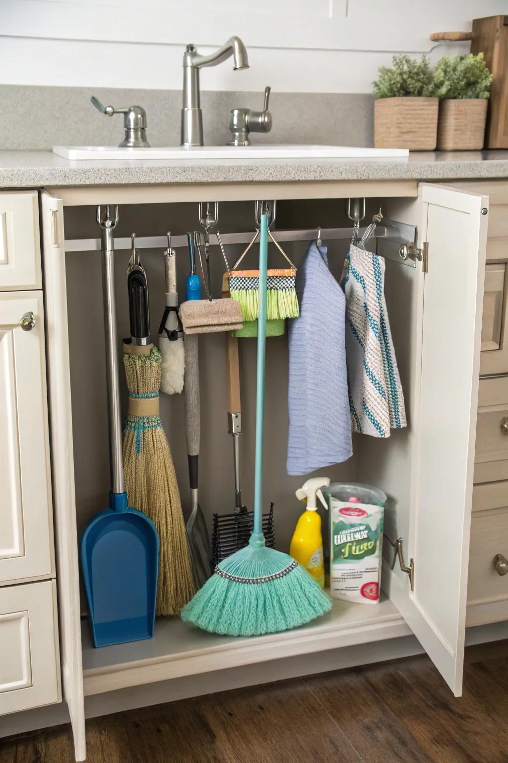 Keep brooms out of sight with under-sink storage.