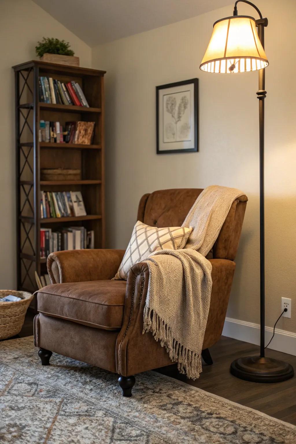 A snug perusing nook heightens charm and function to the family room.