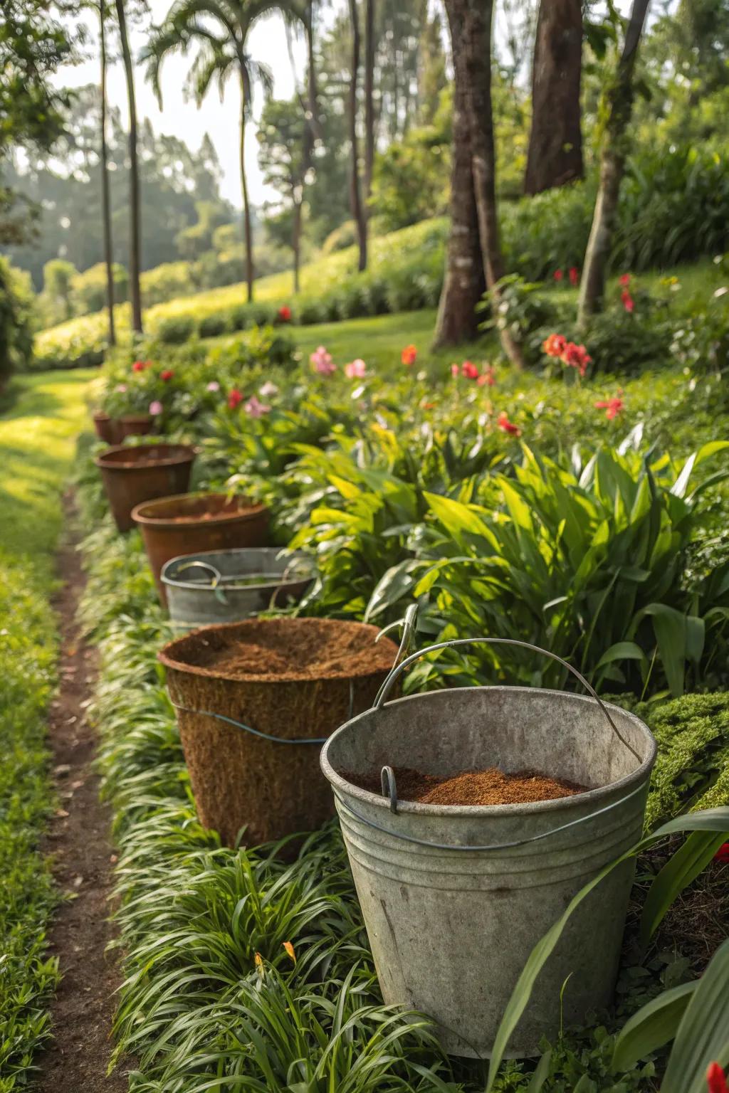 Buckets lined with coconut coir improving plant growth and moisture retention.