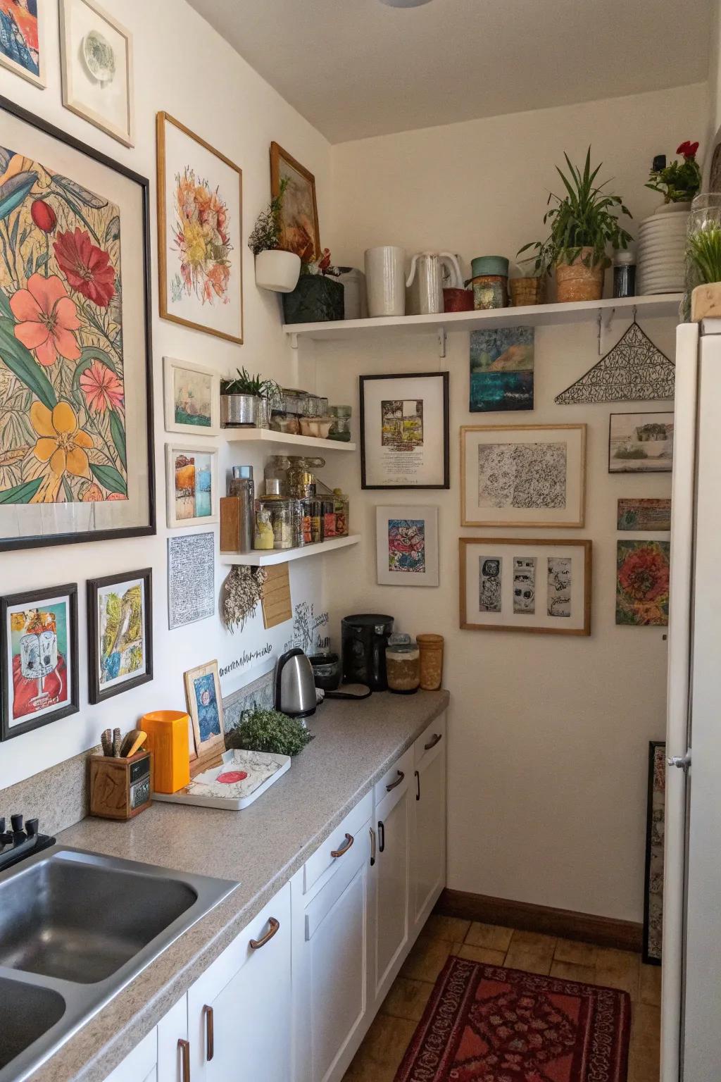 Art introduces a personal flair and visual intrigue to this kitchen.