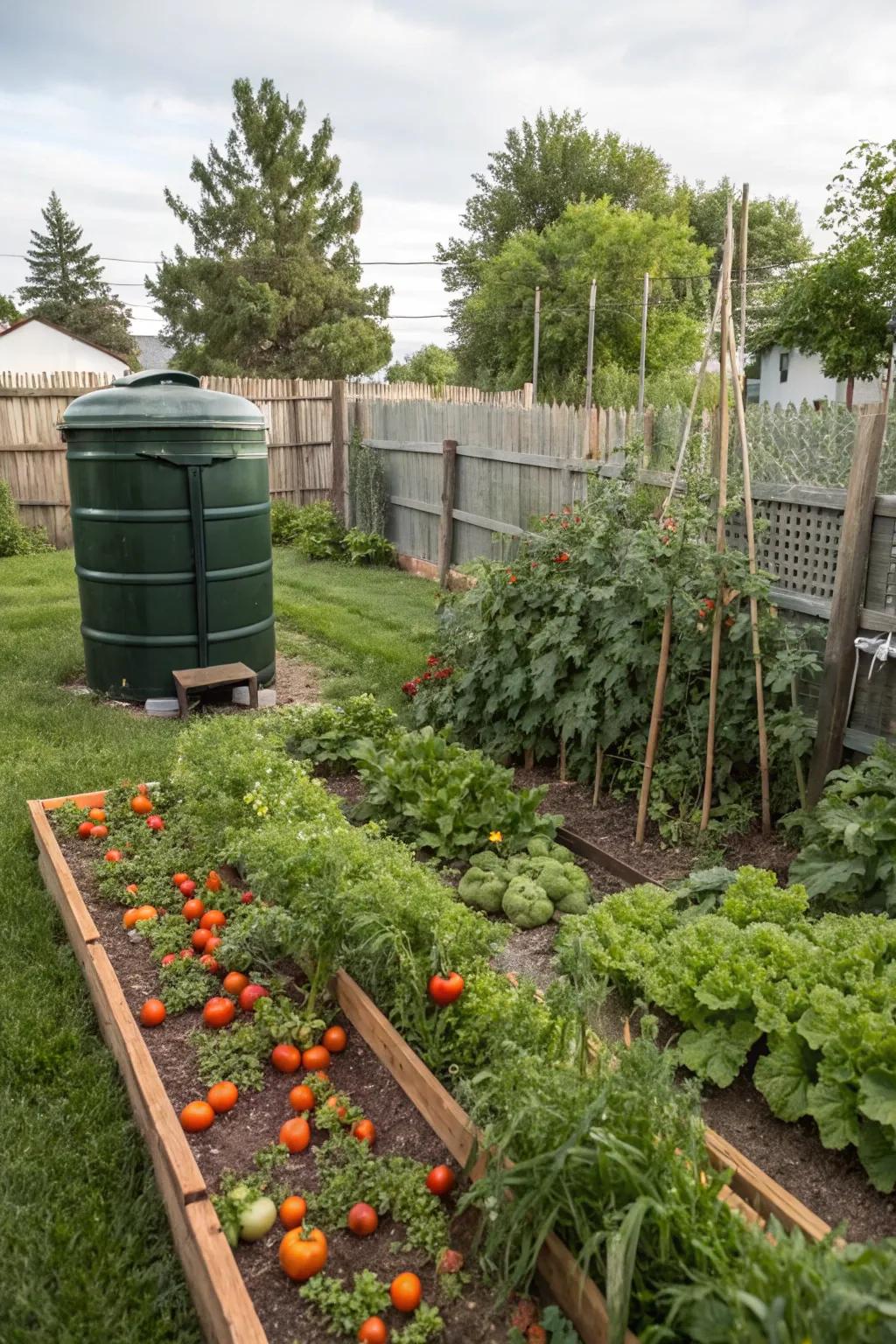 A productive garden and compost setup promoting sustainable living.