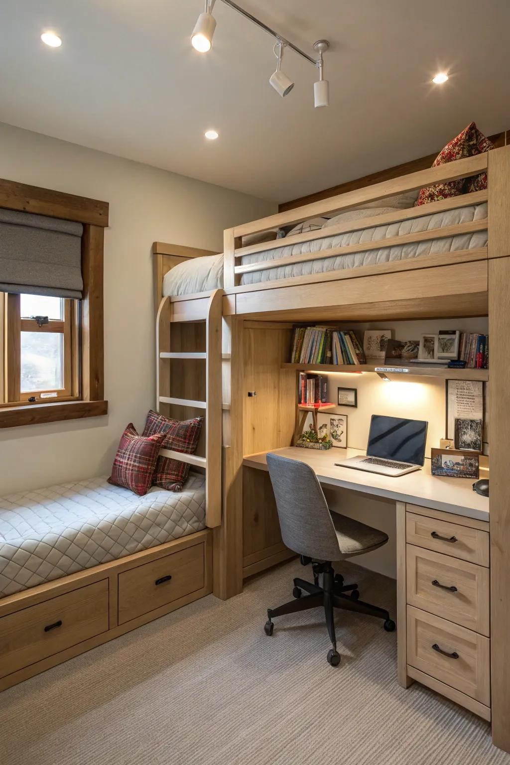 Sleep and study: a bunk design with a built-in desk.