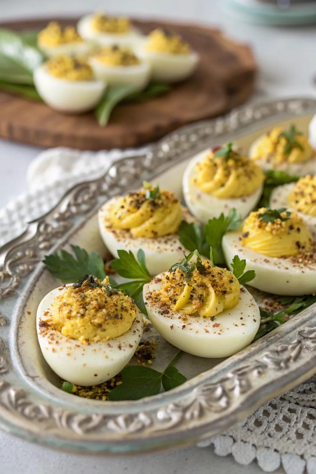Bee-style filled eggs for a unique twist.