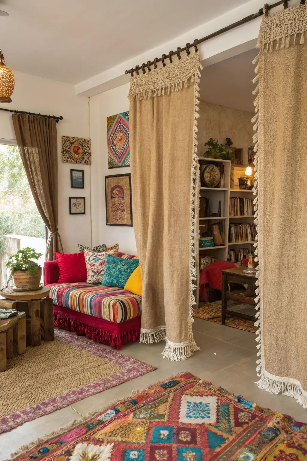 Playful texture with fringe-edged woven fiber drapes.