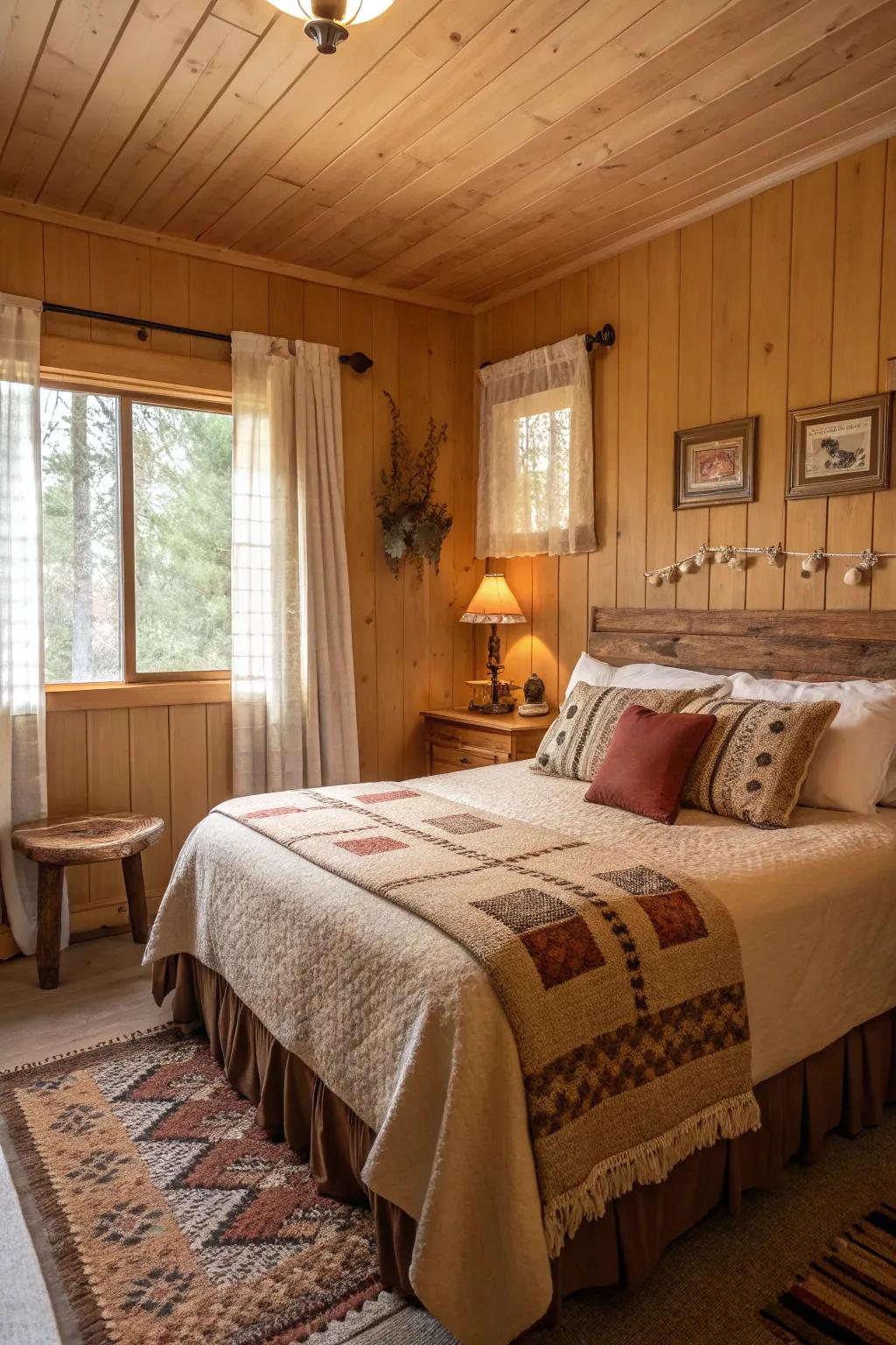 A cabin bedroom featuring warm earthy tones and cozy decorations.