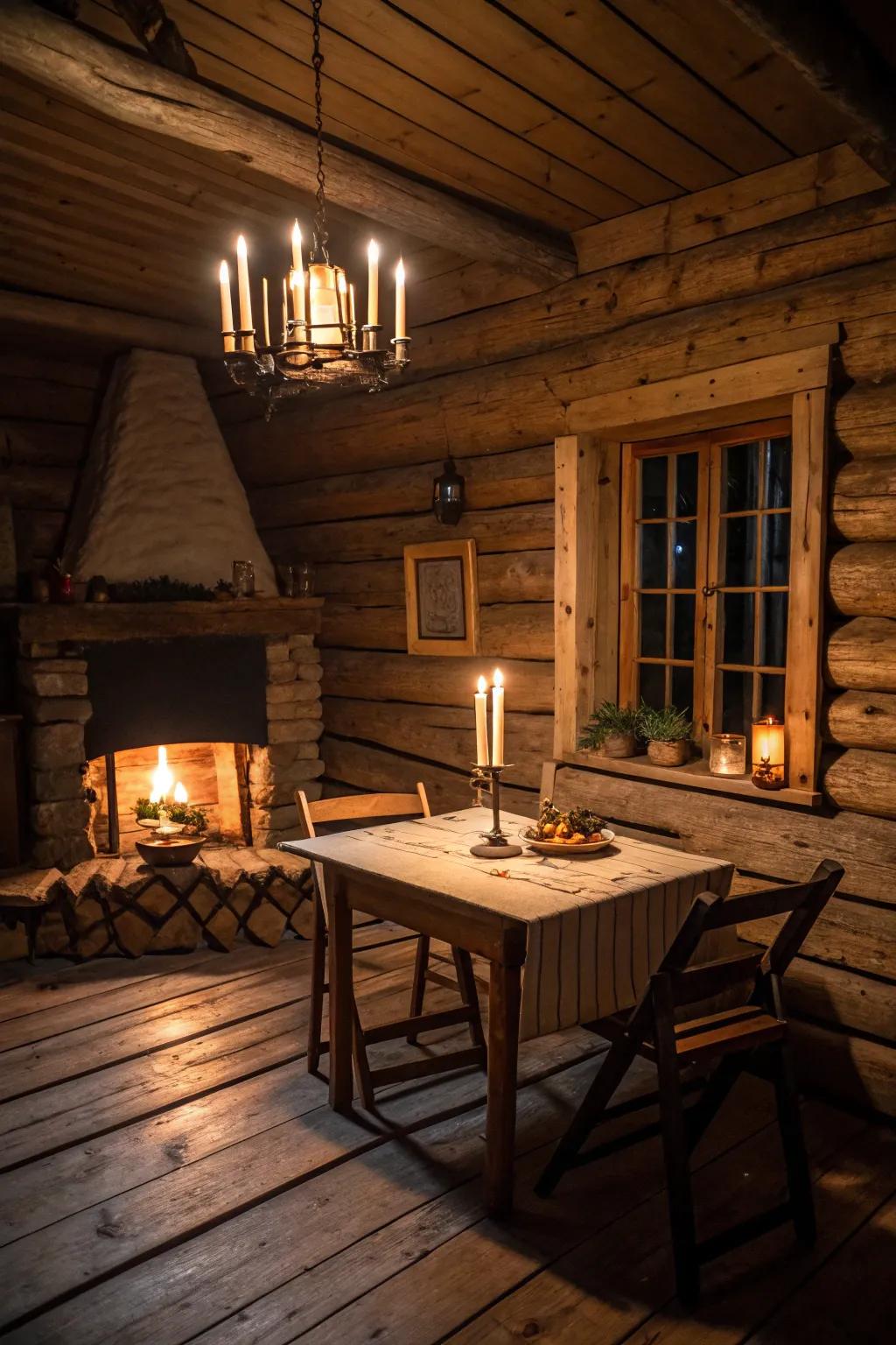 Candlelight crafts a soft radiance inside a cabin's interior.