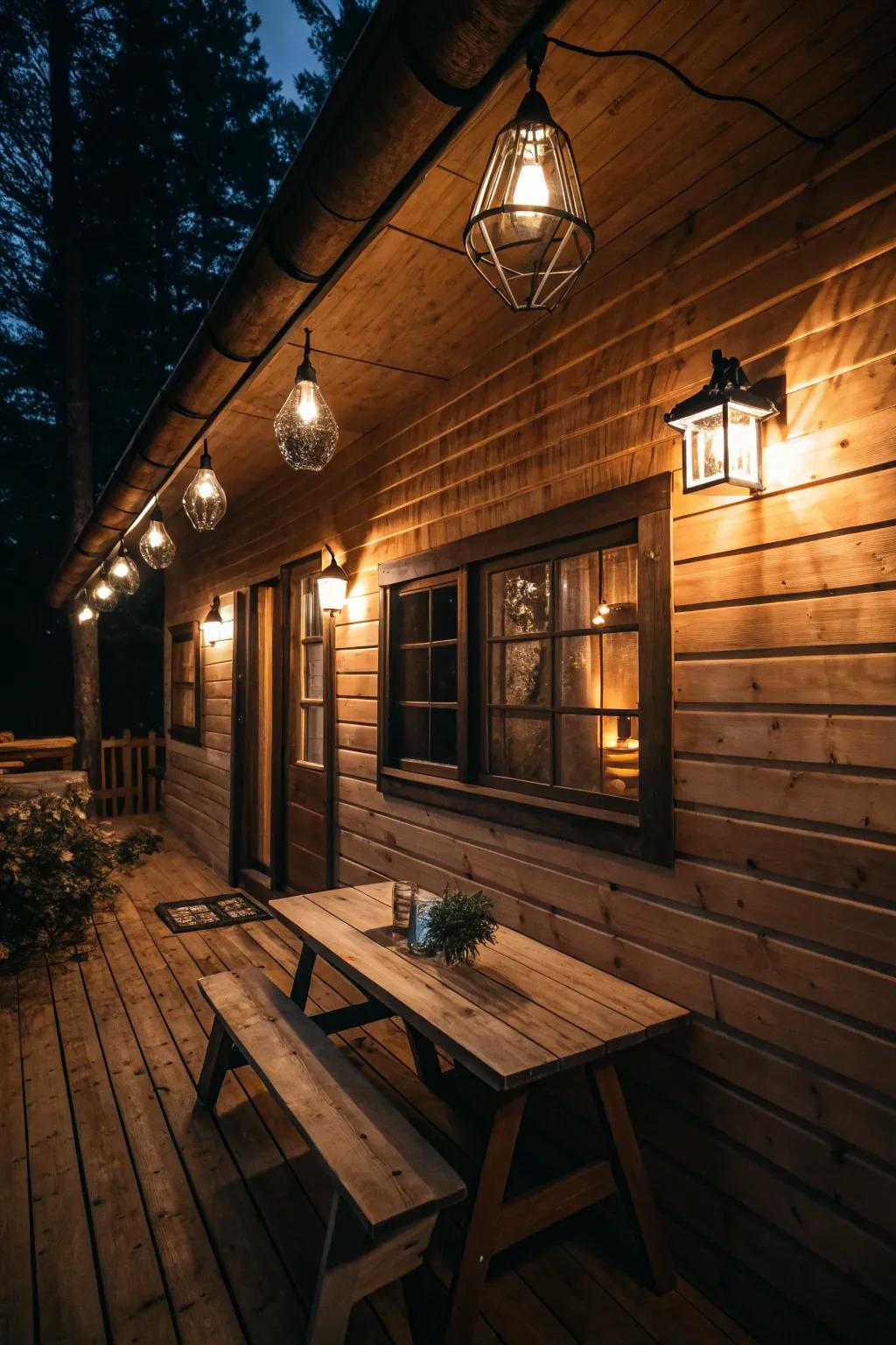 Pendant lights producing a play of light and darkness in the cabin.