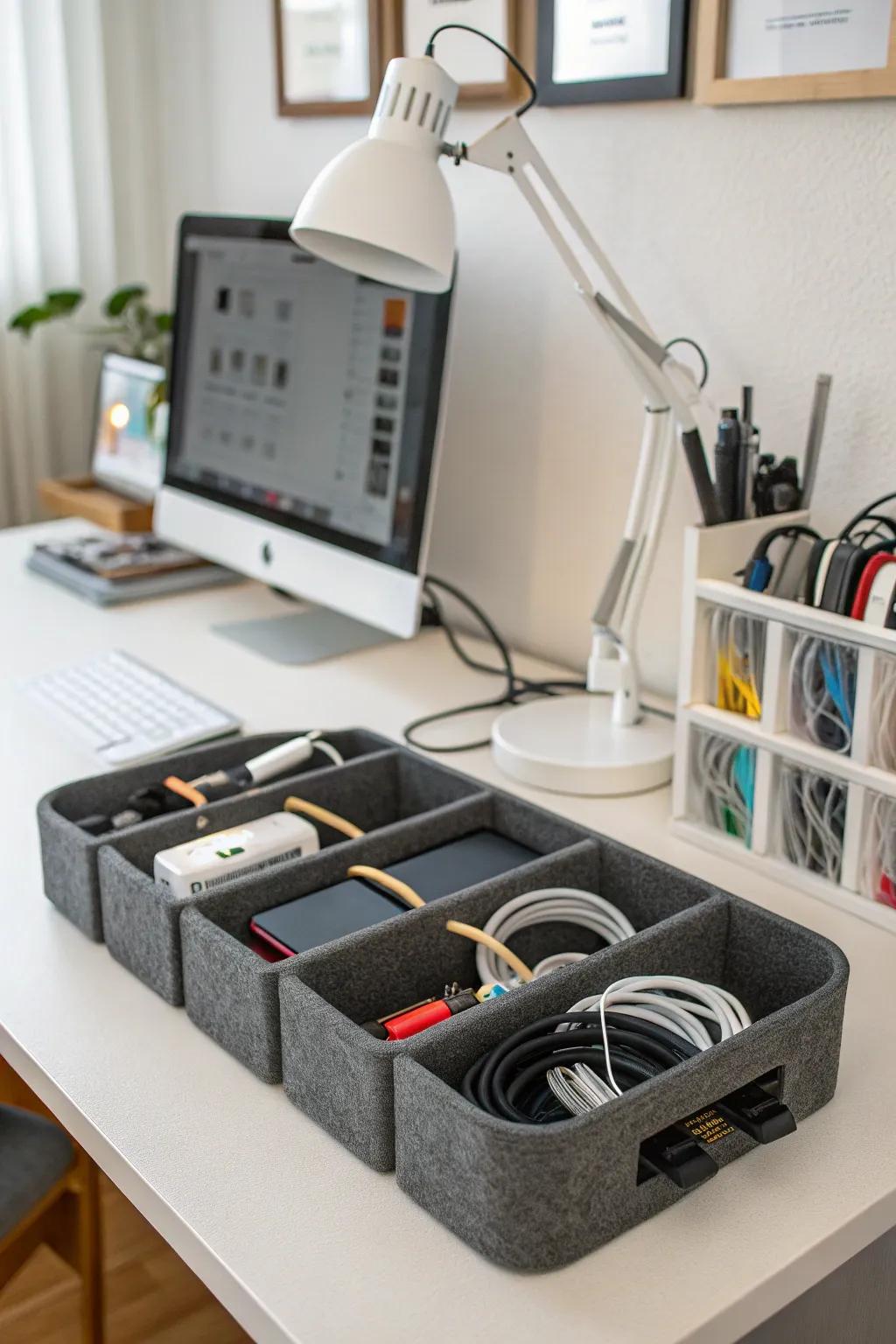 Foam organizers keeping cables accessible and neatly arranged.