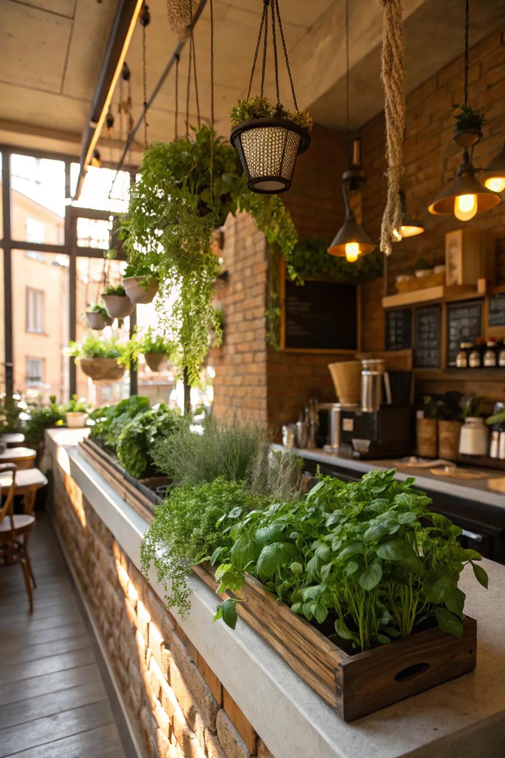 Greenery adding a fresh and lively touch to a cafe kitchen.