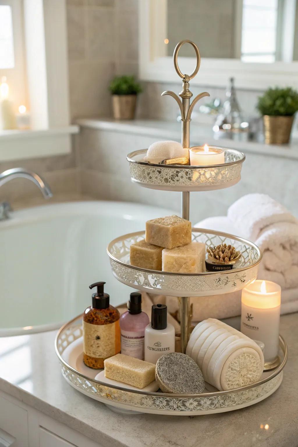 A display stage in the bath area adds elegance and organization.