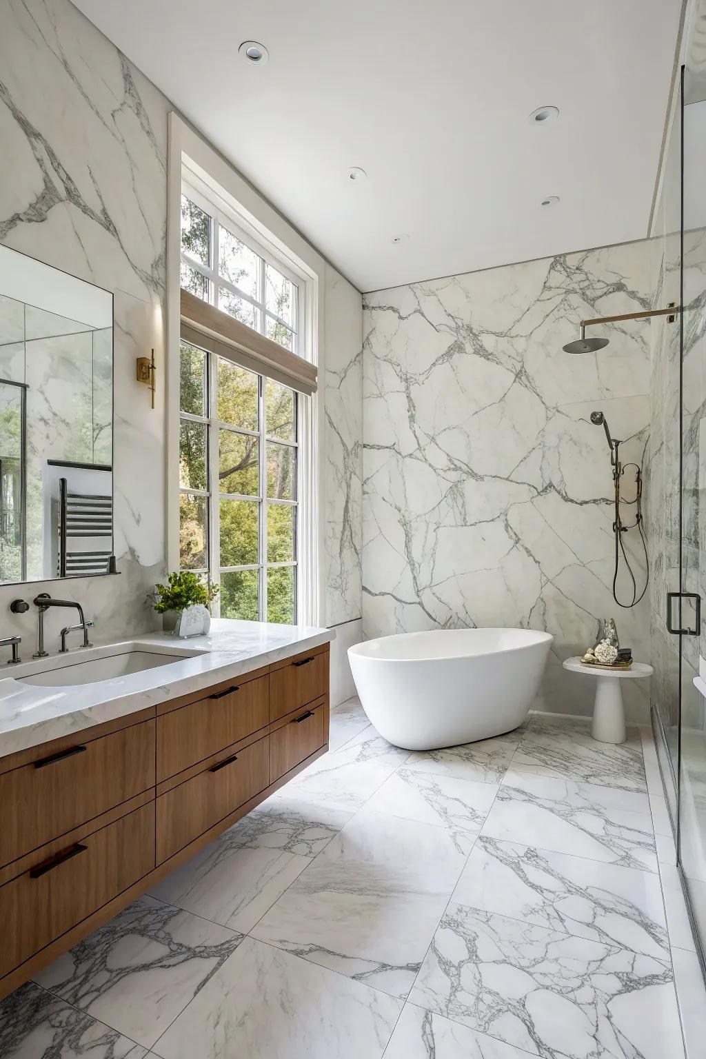 A grand bathroom design with Ivory Coast marble tiles extending from partitions to the ceiling.