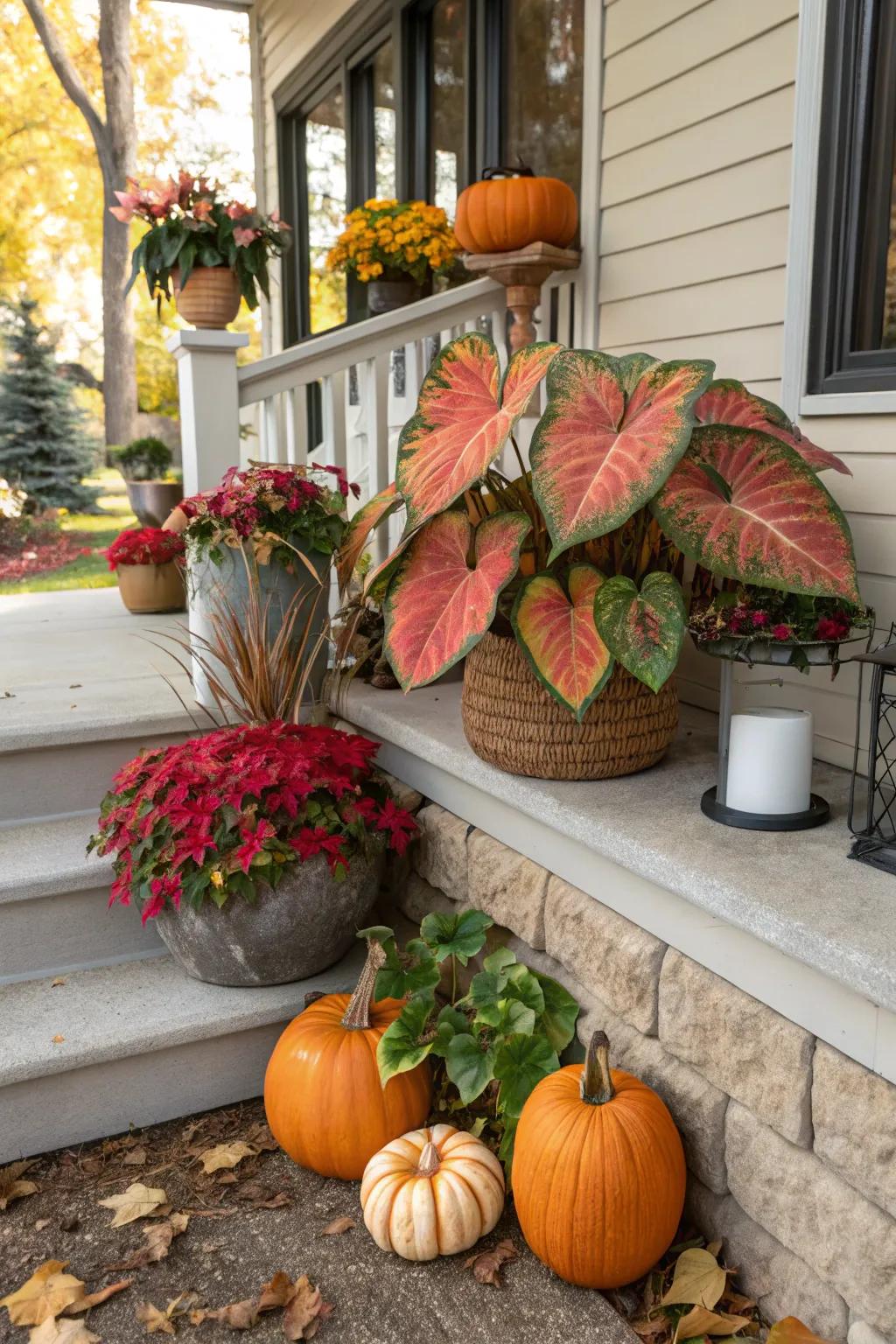 Seasonal accents sustain the freshness and timeliness of caladium displays.