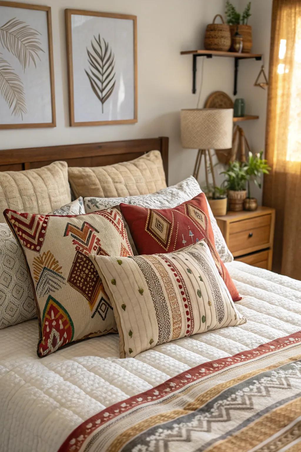 Bedroom design with an assortment of decorative pillows in various patterns and textures.