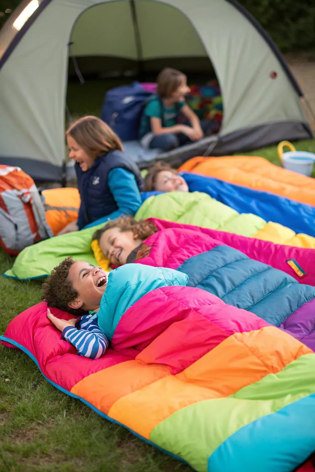 Colorful sleeping bags adding a cozy camping vibe.