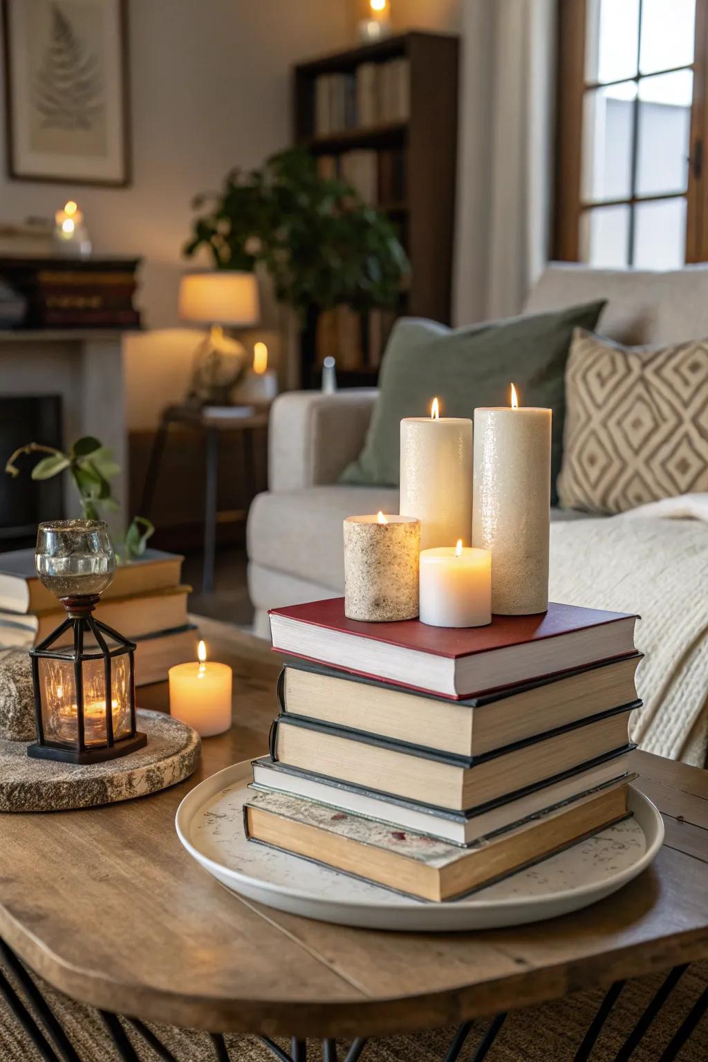 Books and candles make a stylish, intellectual centerpiece.