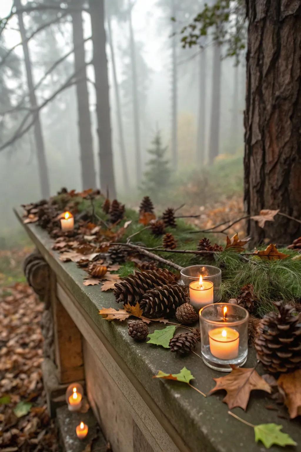 A whimsical woodland scenario enhanced by candles.