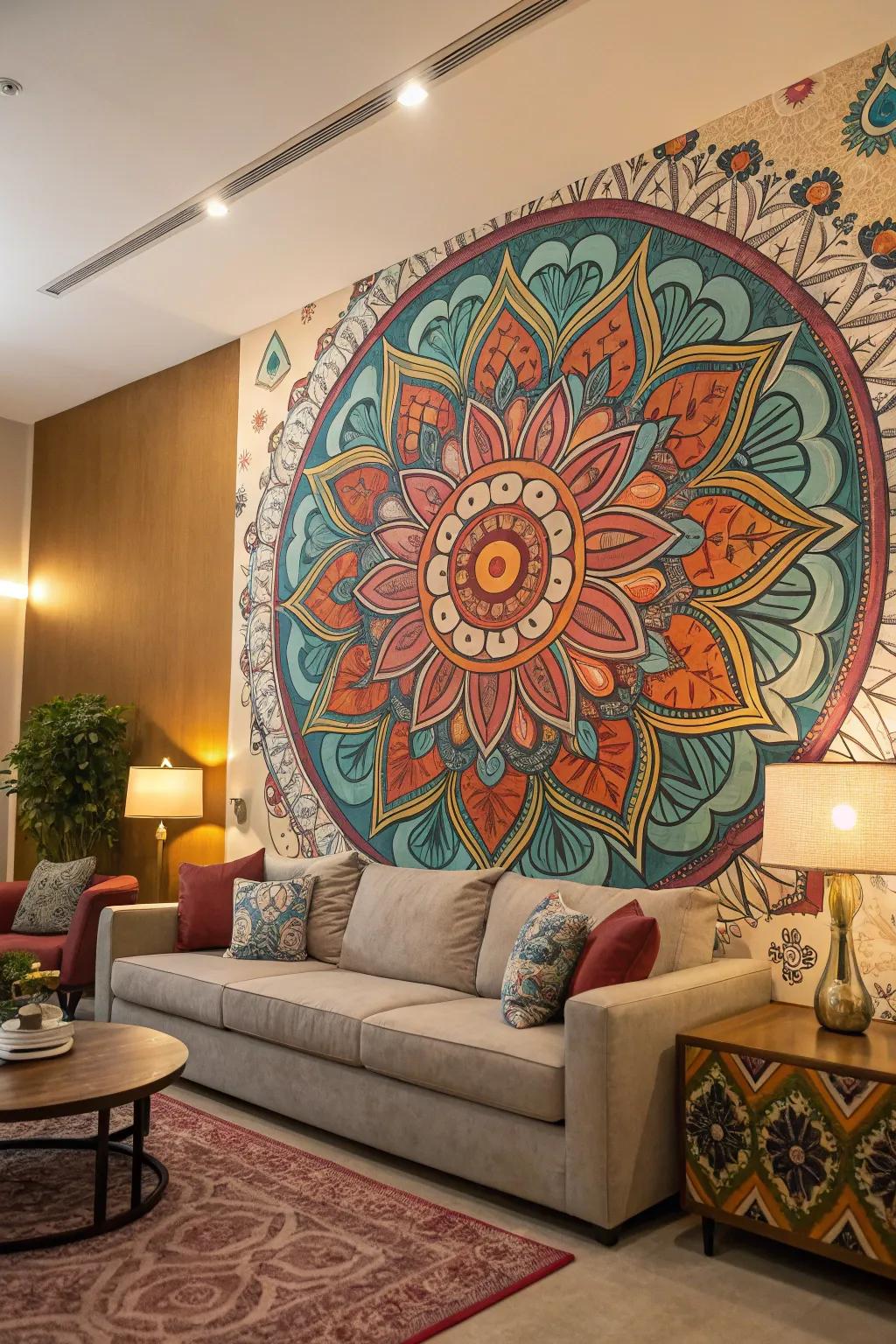 Large canvas mural in a spacious living room