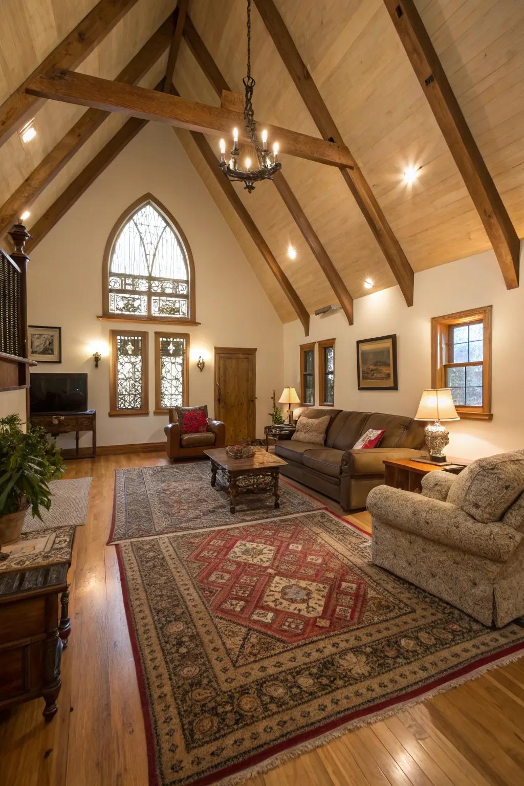 Layered carpets inject coziness and texture to the room.