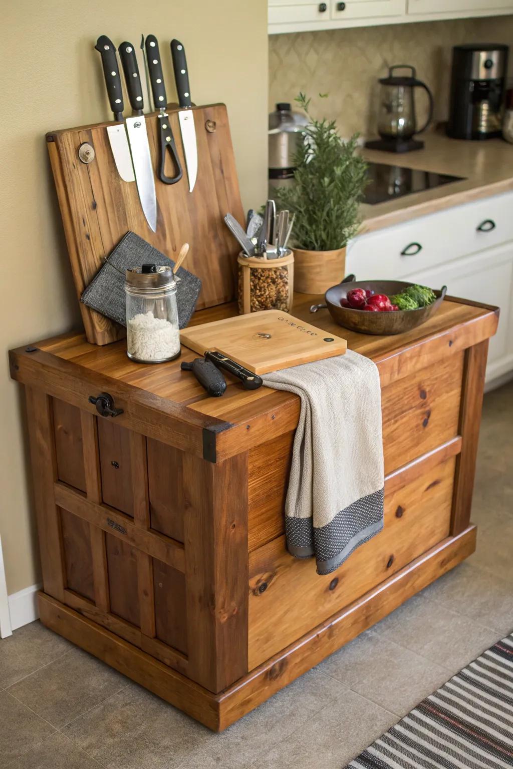 An antique storage chest creatively repurposed as a functional cooking counter.