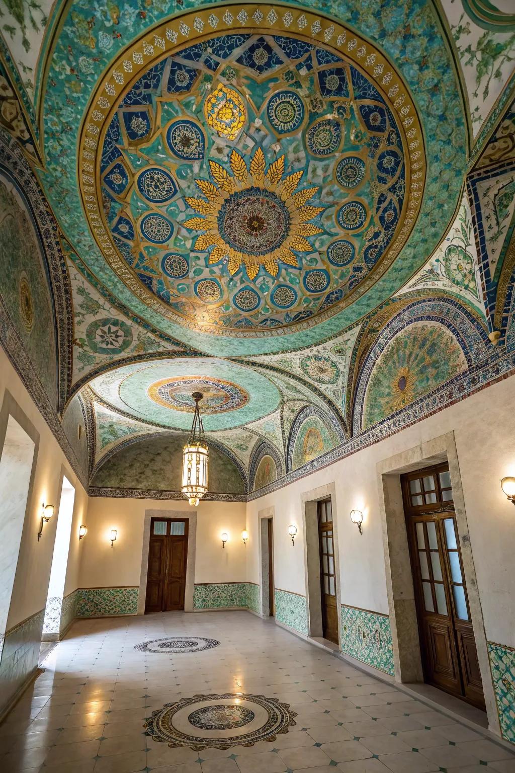 A room with a mosaic ceiling that serves as a captivating art piece.