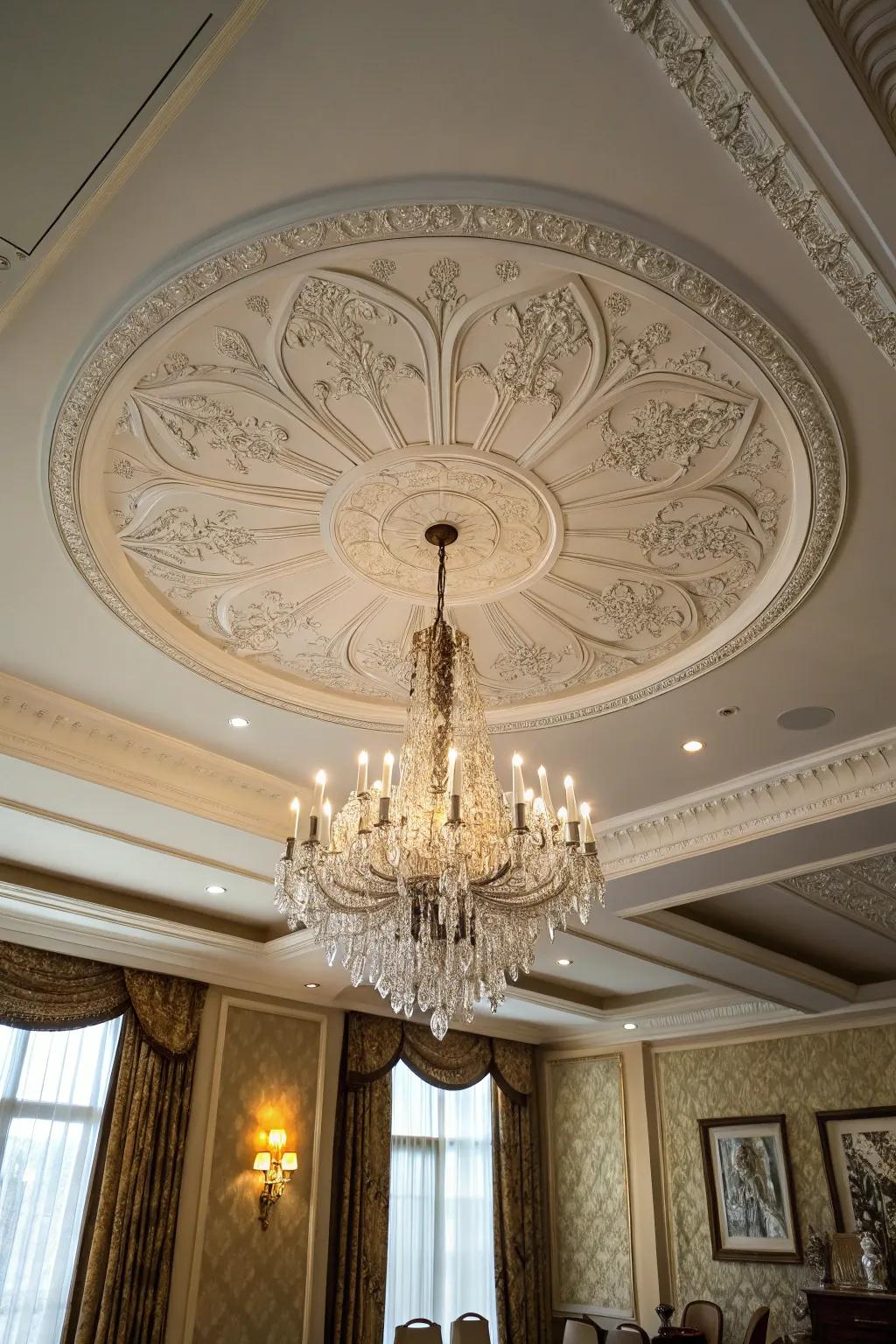 Overhead escutcheons frame illumination fixtures and lend timeless charm.