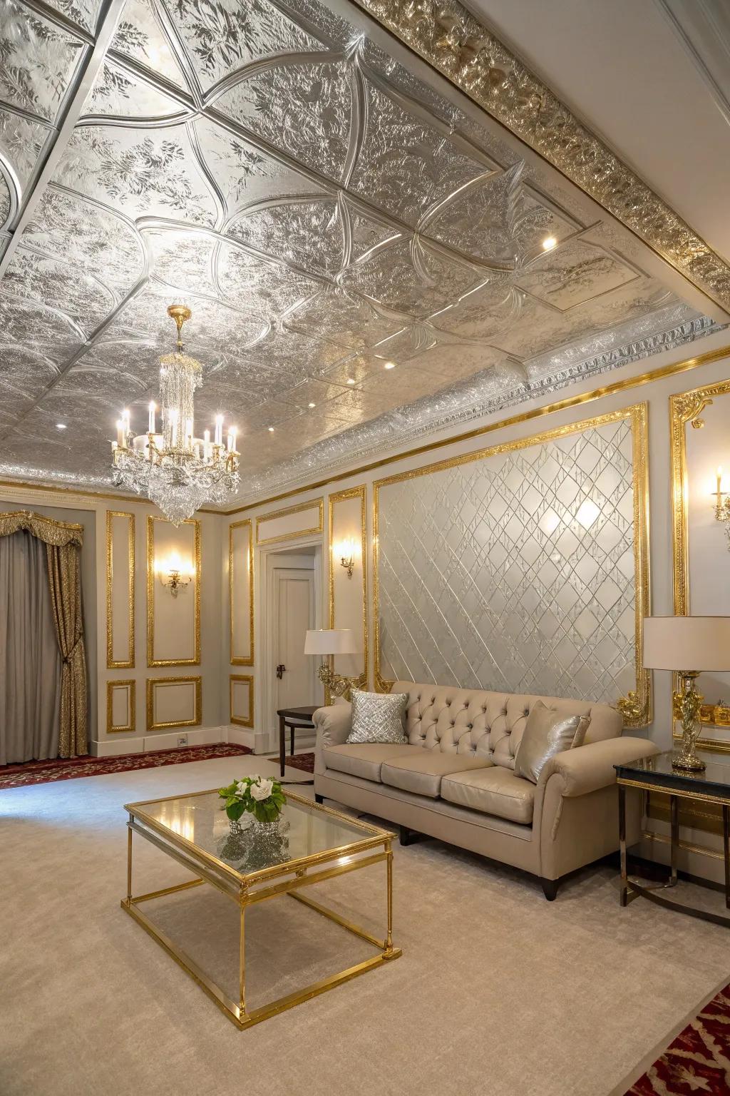 Luxurious sparkle with a polished metal ceiling.