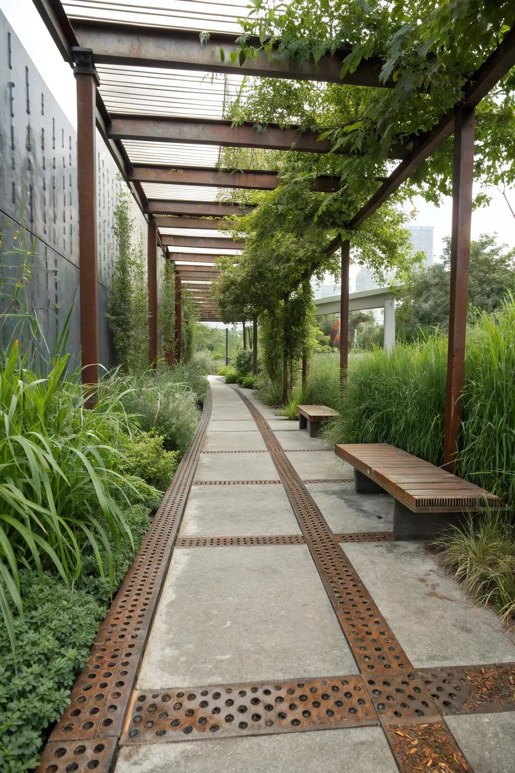 City-style stone walkway featuring metal accents for a modern feel.