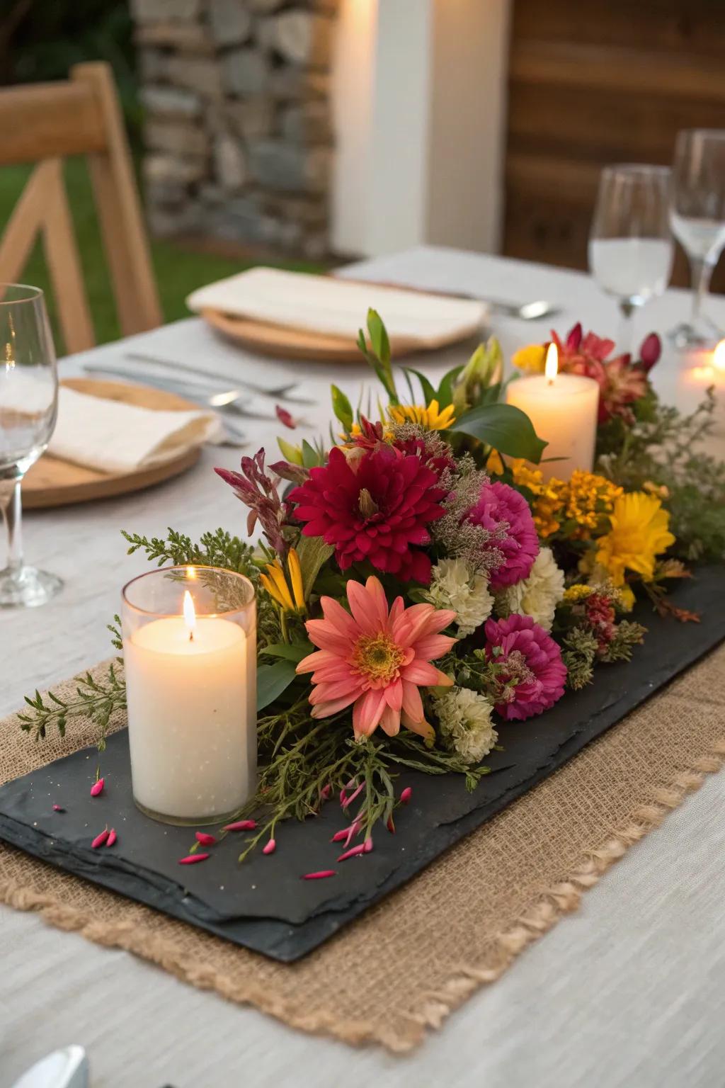 Up-to-date sophistication with a slate block centerpiece base.