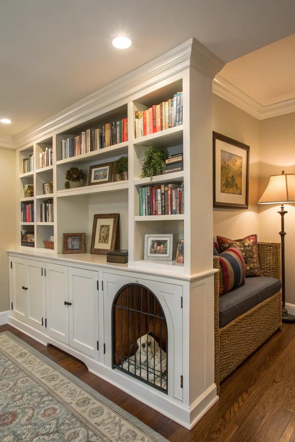 A book lover’s dream: a kennel integrated into a bookcase.