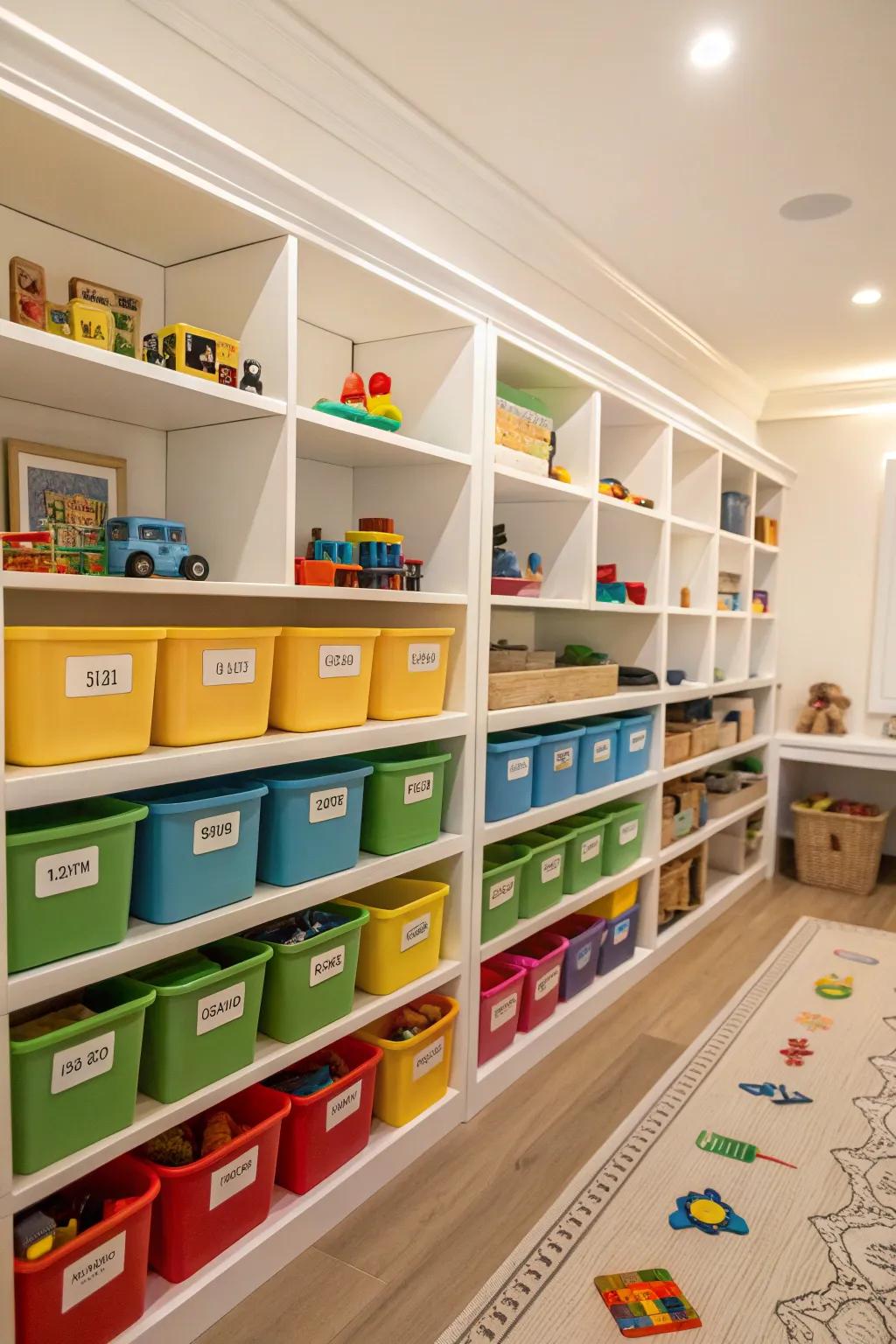 Labeled bins simplify arrangement and cleanup.